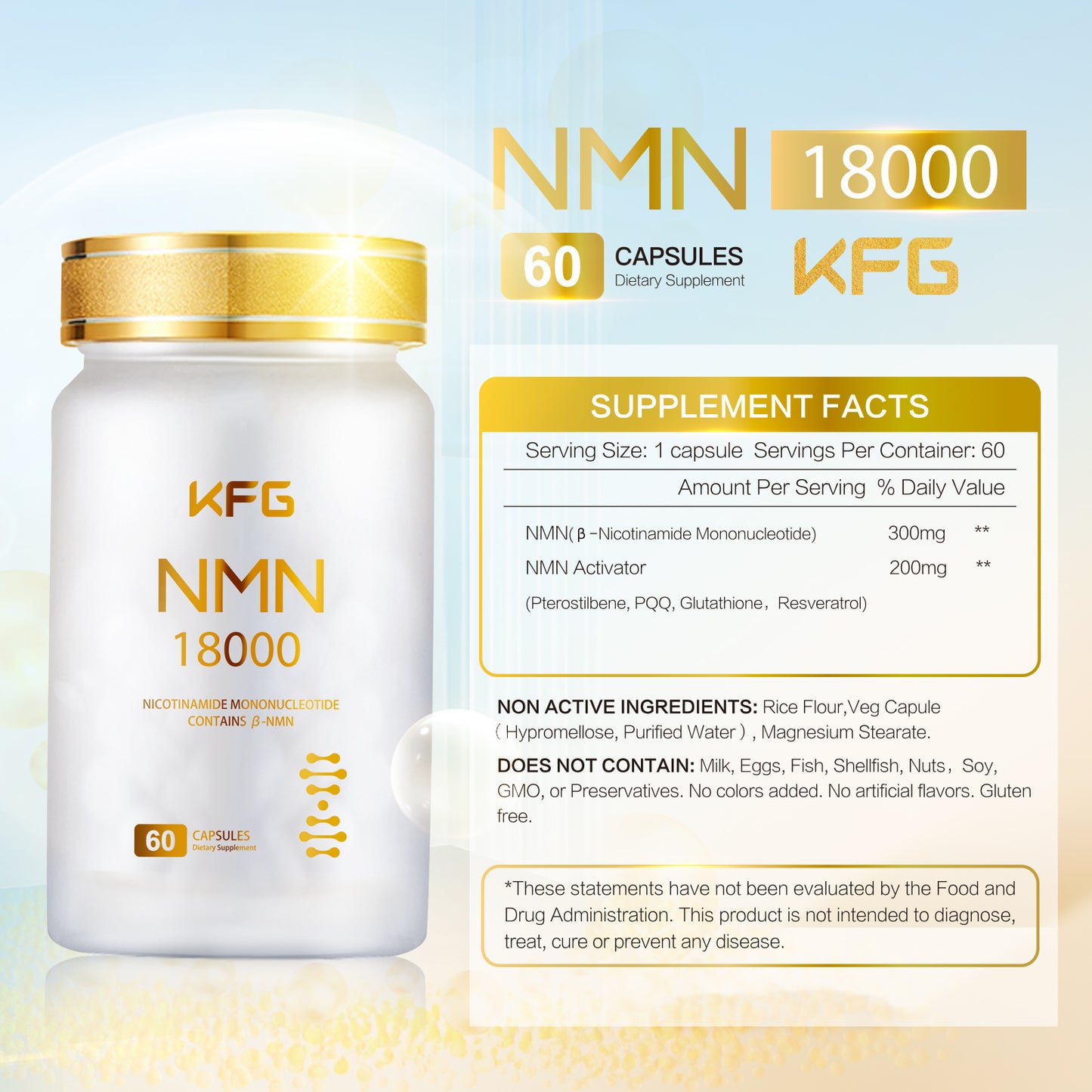 KFG NMN 18000 - NMN Nicotinamide Mononucleotide Supplement with Resveratrol, Stabilized Form & 99% High Purity to Boost NAD+ Levels for DNA Repair Supplement,for Healthy Aging,60 Capsules