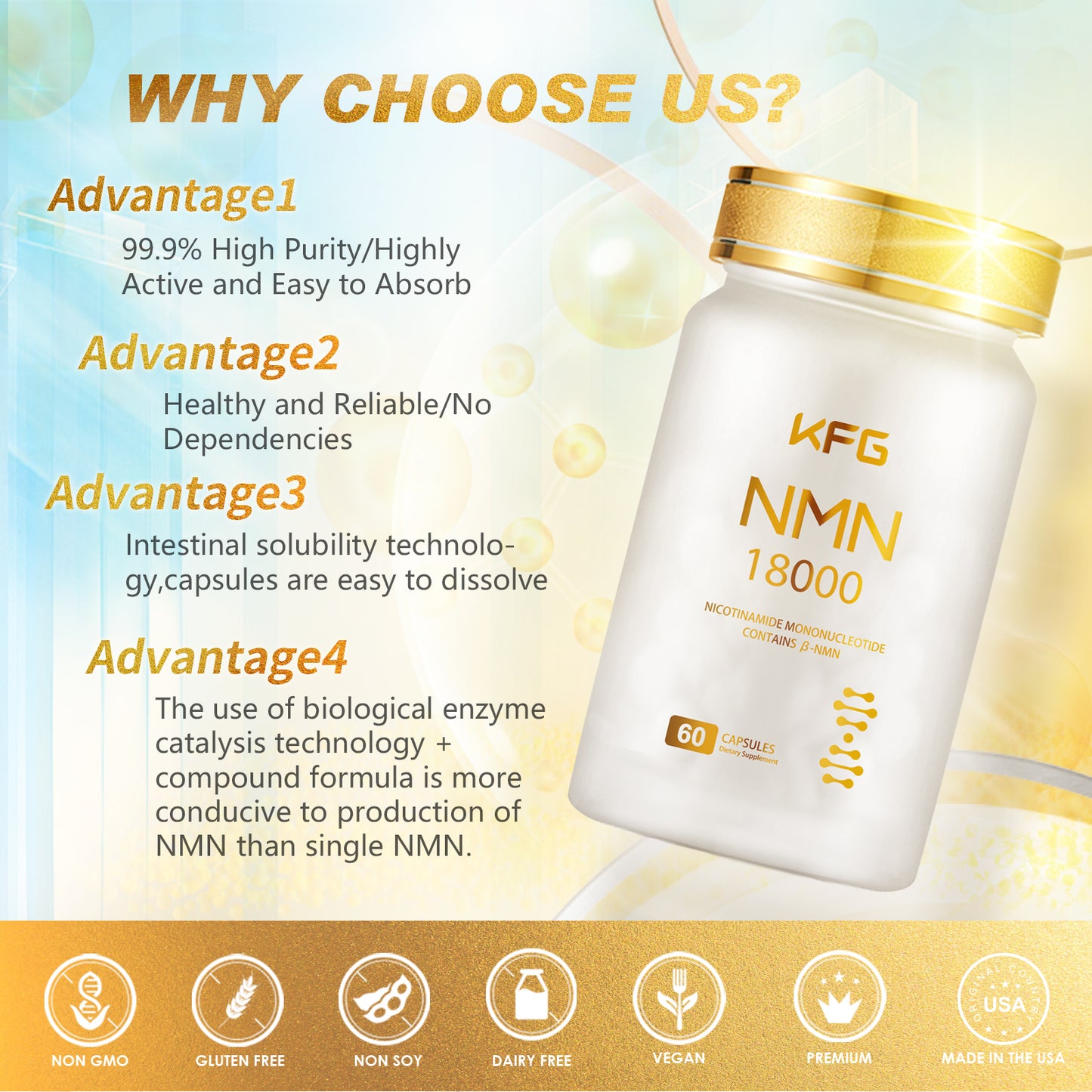 KFG NMN 18000 - NMN Nicotinamide Mononucleotide Supplement with Resveratrol, Stabilized Form & 99% High Purity to Boost NAD+ Levels for DNA Repair Supplement,for Healthy Aging,60 Capsules