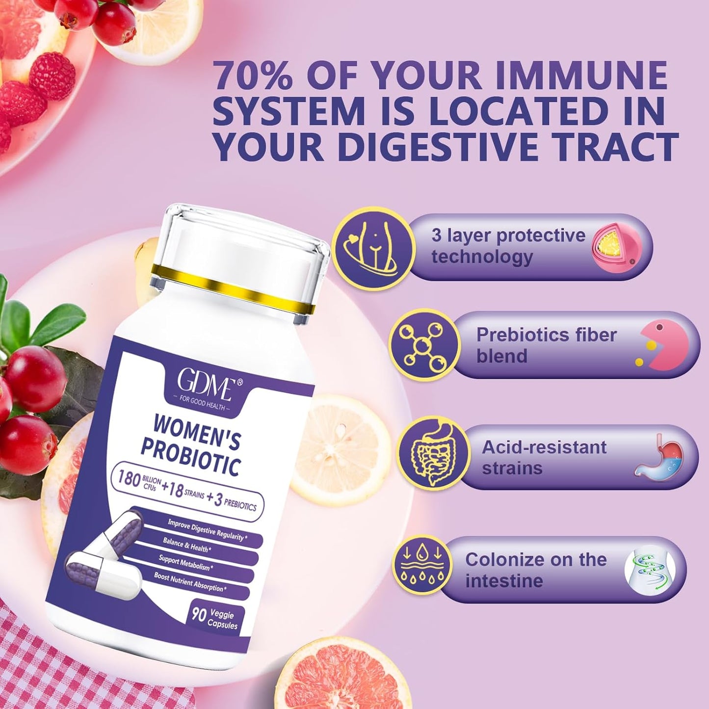 Probiotics 180 Billion CFU 18 Strains Contains Organic Prebiotic Cranberry Probiotic Supplement Digestion Immunity for Women's Health,Non Soy Gluten Dairy Free 90 Vegetarian Capsules