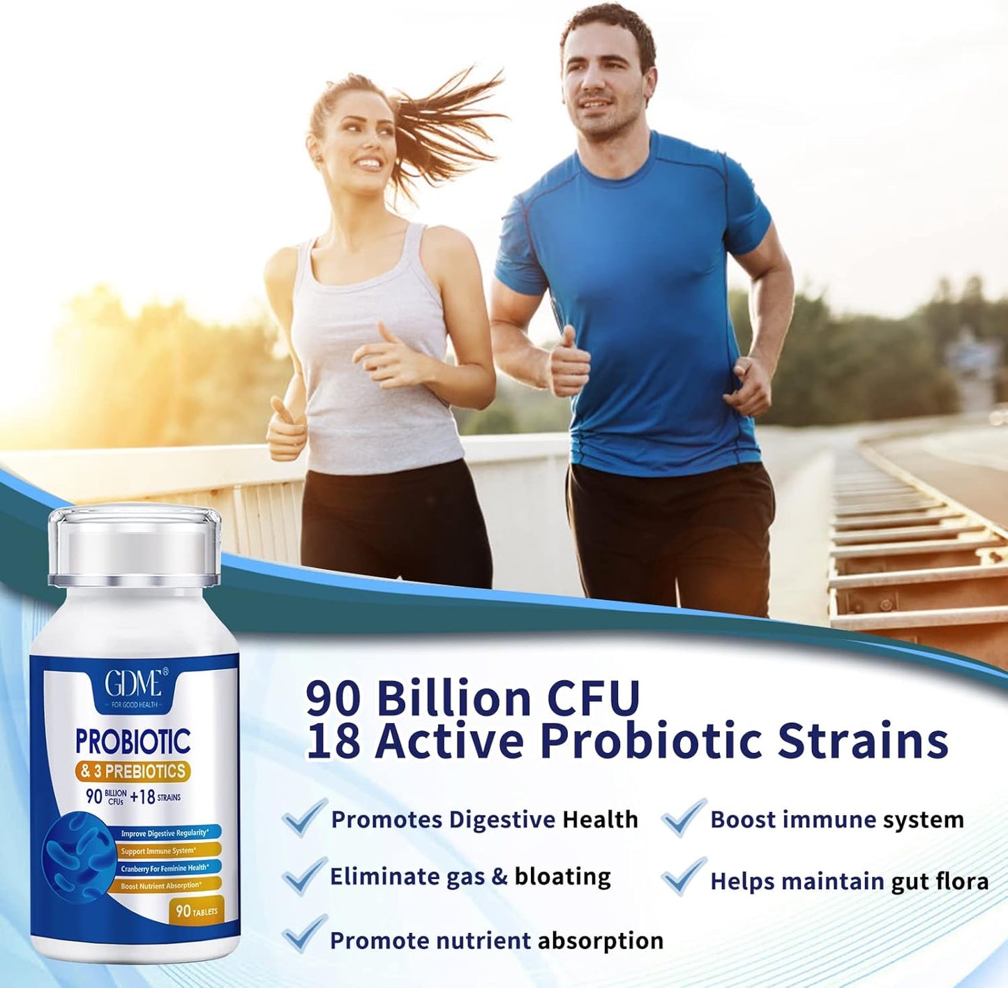 Probiotics 90 Billion CFU 18 Strains, Contains 3 Prebiotics, for Men & Women, Once Daily Probiotic Dietary Supplement, Boosts Digestive and Immune Health, 90 Tablets