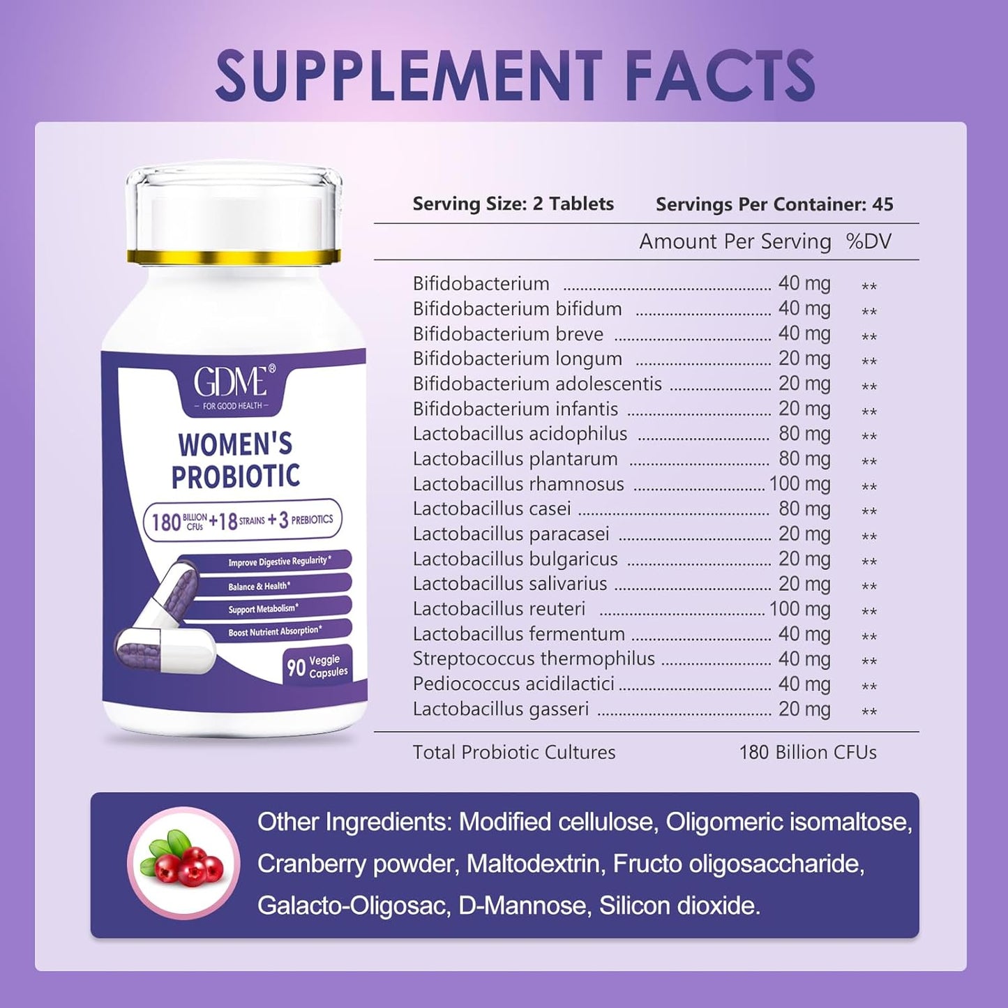 Probiotics 180 Billion CFU 18 Strains Contains Organic Prebiotic Cranberry Probiotic Supplement Digestion Immunity for Women's Health,Non Soy Gluten Dairy Free 90 Vegetarian Capsules