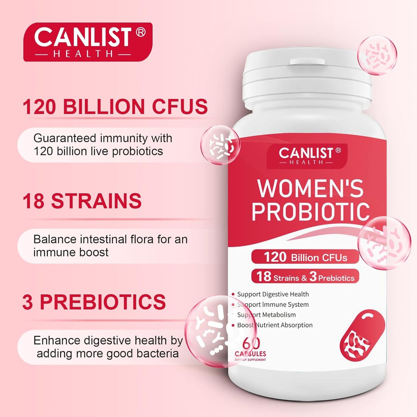 Women's Probiotics120 Billion CFUs 18 Strains 3 Prebiotics & Digestive Enzymes Contains Organic Prebiotic Cranberry Women's Health Digestive & Immune Support Non-GMO Soy Gluten Dairy Free