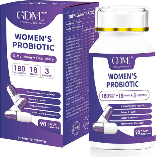 Probiotics 180 Billion CFU 18 Strains Contains Organic Prebiotic Cranberry Probiotic Supplement Digestion Immunity for Women's Health,Non Soy Gluten Dairy Free 90 Vegetarian Capsules
