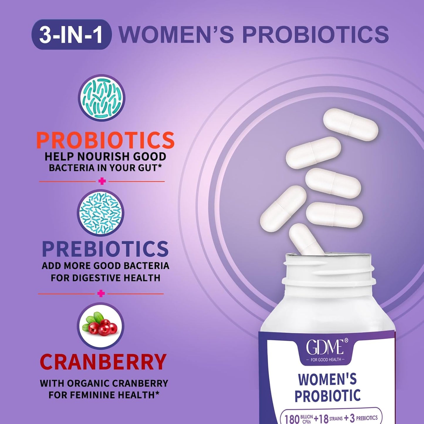 Probiotics 180 Billion CFU 18 Strains Contains Organic Prebiotic Cranberry Probiotic Supplement Digestion Immunity for Women's Health,Non Soy Gluten Dairy Free 90 Vegetarian Capsules
