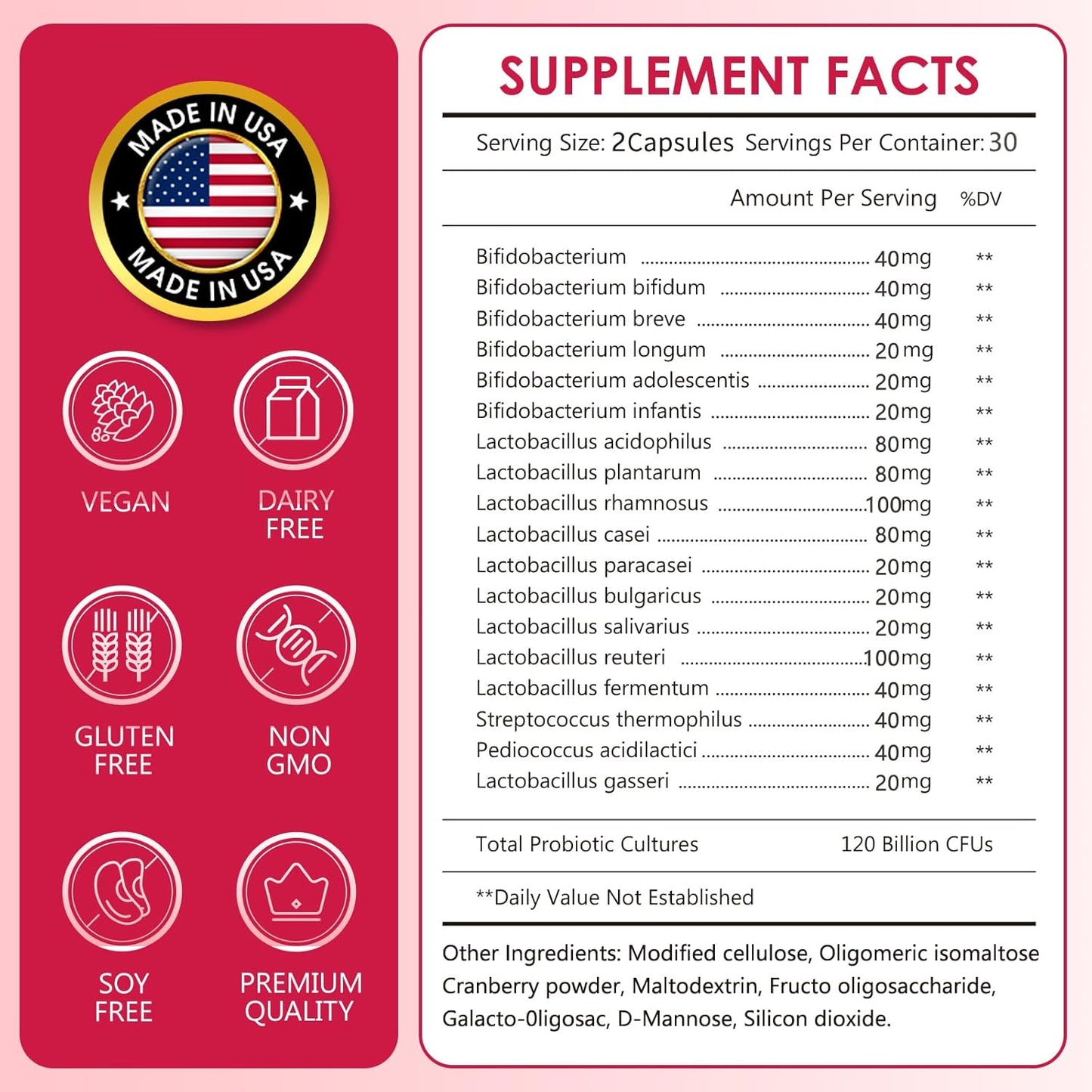 Women's Probiotics120 Billion CFUs 18 Strains 3 Prebiotics & Digestive Enzymes Contains Organic Prebiotic Cranberry Women's Health Digestive & Immune Support Non-GMO Soy Gluten Dairy Free