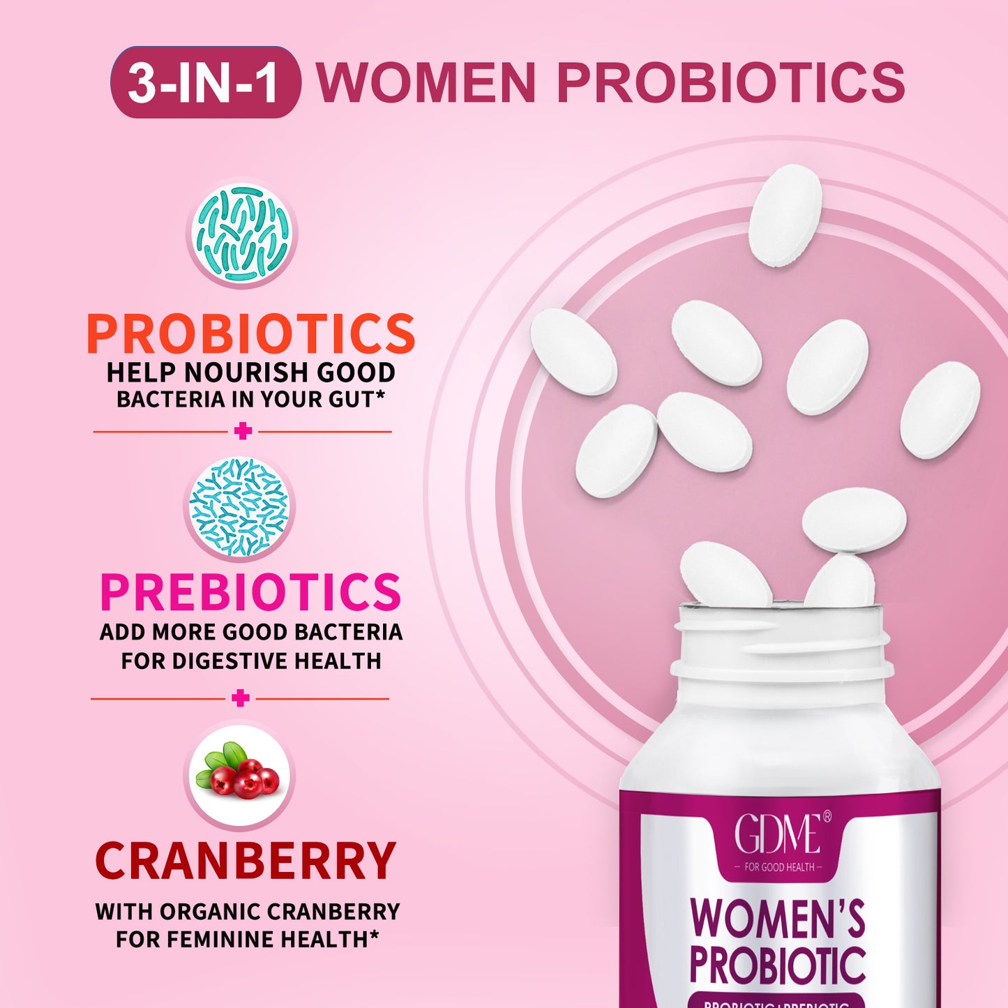 GDME Women's Probiotics, 90 Tablets 90 Billion CFU 18 Strains, Contains Organic Prebiotic Cranberry,Probiotic Supplement for Digestion, Immunity, Women's Health, Soy Gluten Dairy Free