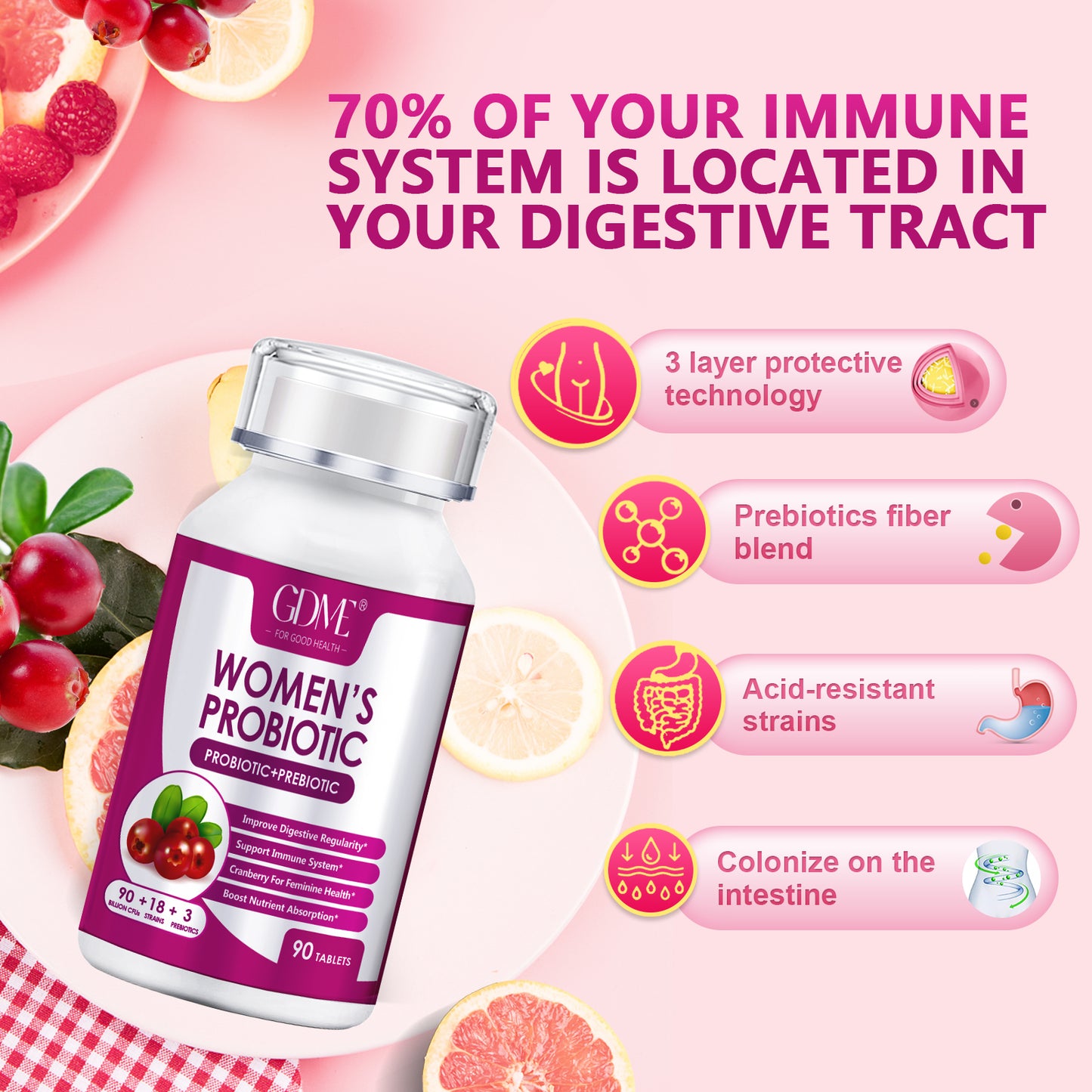 GDME Women's Probiotics, 90 Tablets 90 Billion CFU 18 Strains, Contains Organic Prebiotic Cranberry,Probiotic Supplement for Digestion, Immunity, Women's Health, Soy Gluten Dairy Free