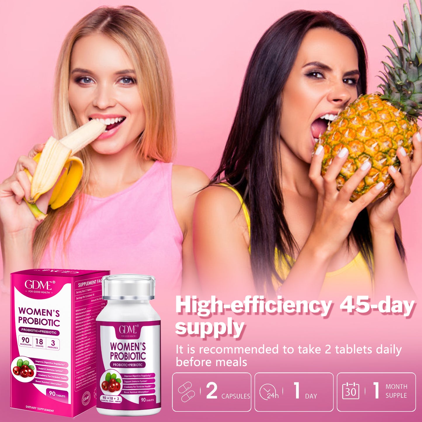 GDME Women's Probiotics, 90 Tablets 90 Billion CFU 18 Strains, Contains Organic Prebiotic Cranberry,Probiotic Supplement for Digestion, Immunity, Women's Health, Soy Gluten Dairy Free