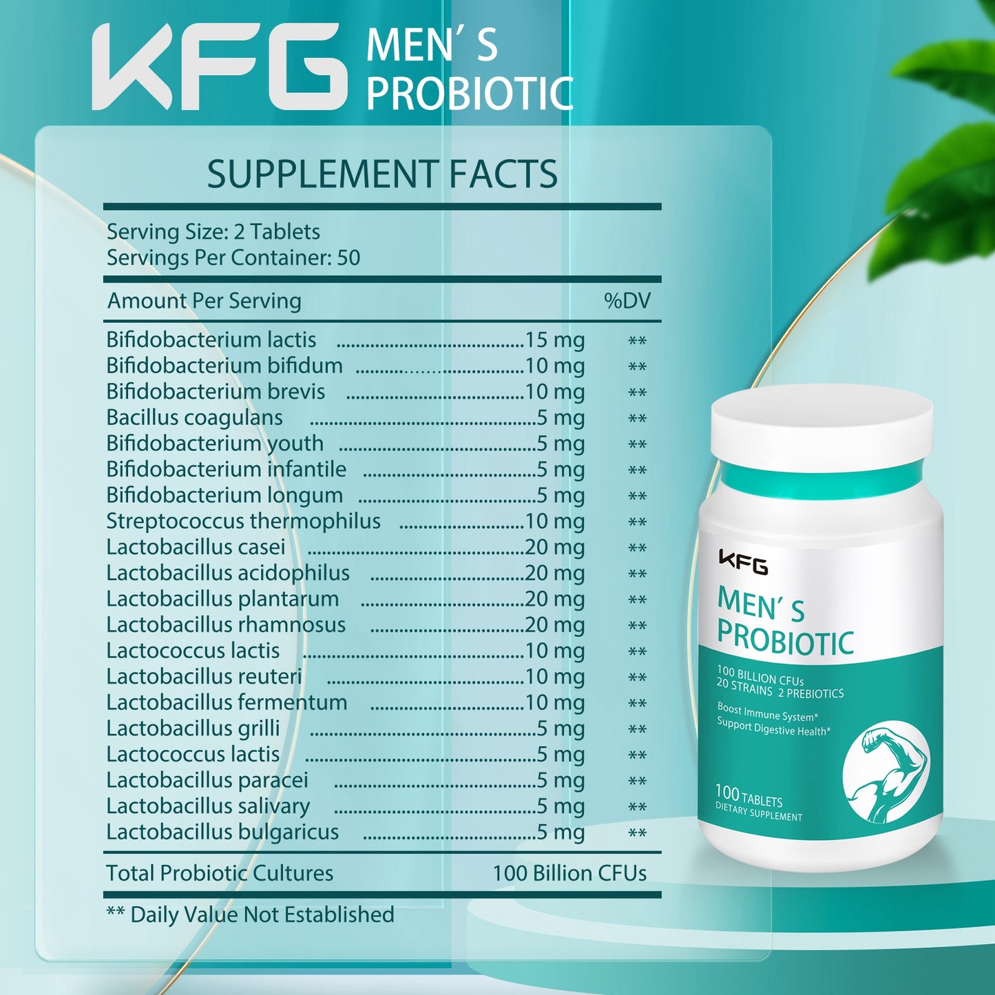 KFG Probiotics for Men Digestive & Immune Support ,Shelf Stable Non-GMO 90 Vegetarian Capsules