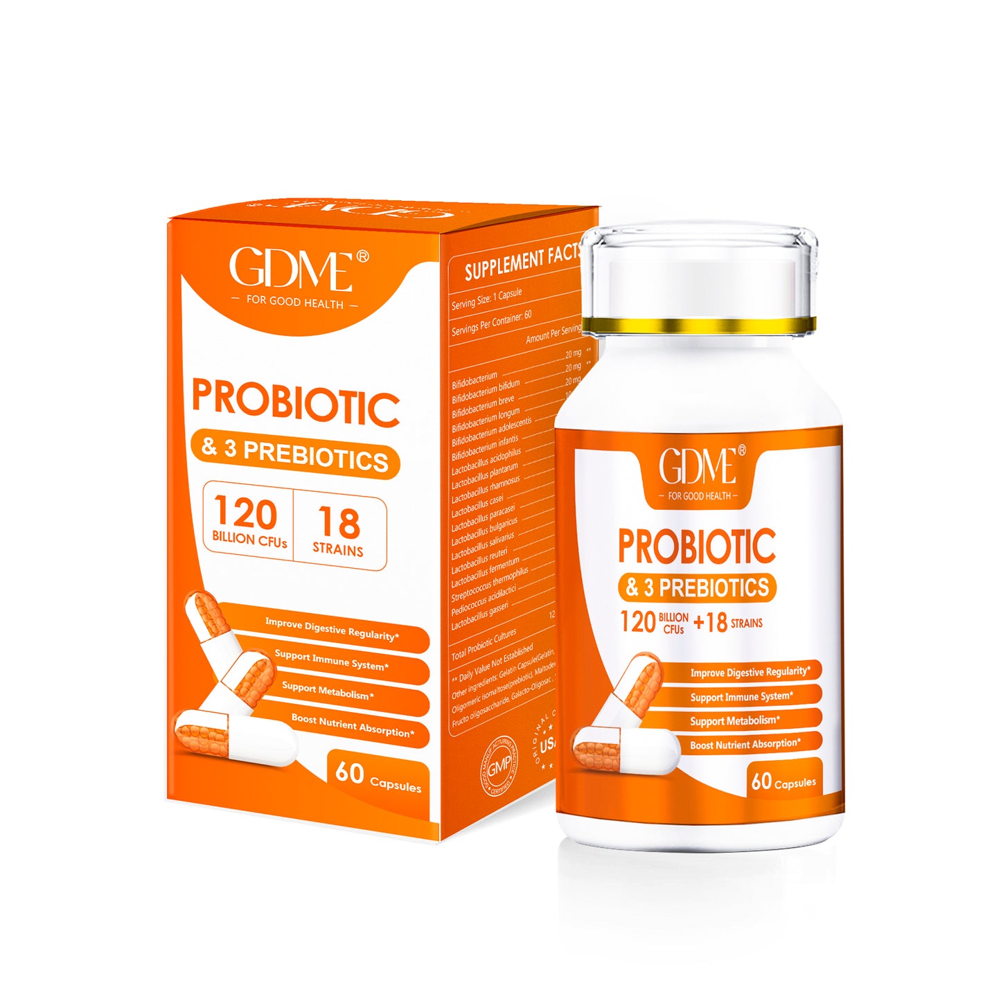 GDME Probiotic Capsules, 60 Capsules 120 Billion CFU 18 Strains, Contains 3 Prebiotics, for Men & Women, Once Daily Probiotic Dietary Supplement, Boosts Digestive and Immune Health