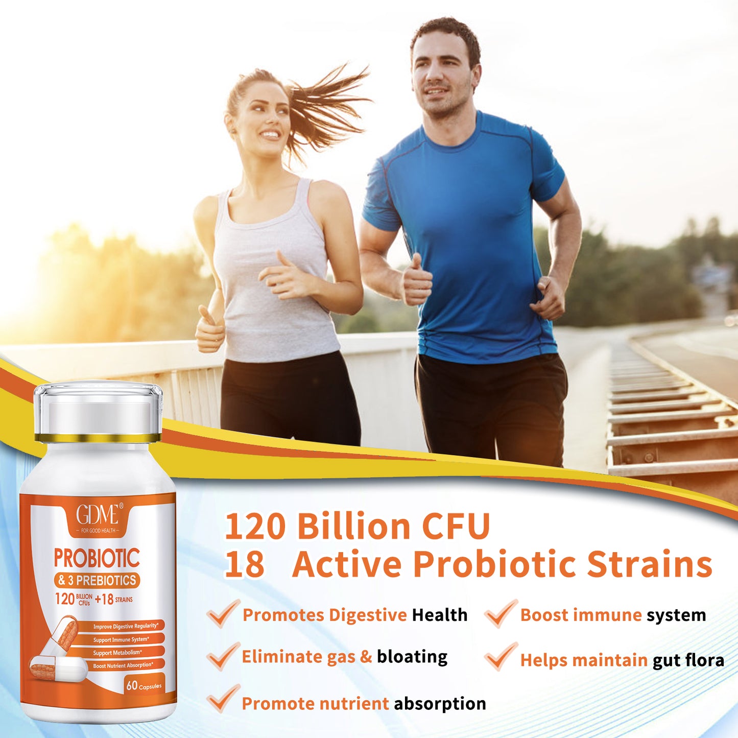 GDME Probiotic Capsules, 60 Capsules 120 Billion CFU 18 Strains, Contains 3 Prebiotics, for Men & Women, Once Daily Probiotic Dietary Supplement, Boosts Digestive and Immune Health