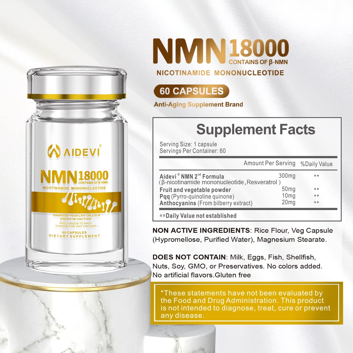 AIDEVI NMN 18000 - NMN Nicotinamide Mononucleotide Supplement with Resveratrol, Stabilized Form & 99% High Purity to Boost NAD+ Levels for DNA Repair Supplement,for Healthy Aging ,60 Capsules