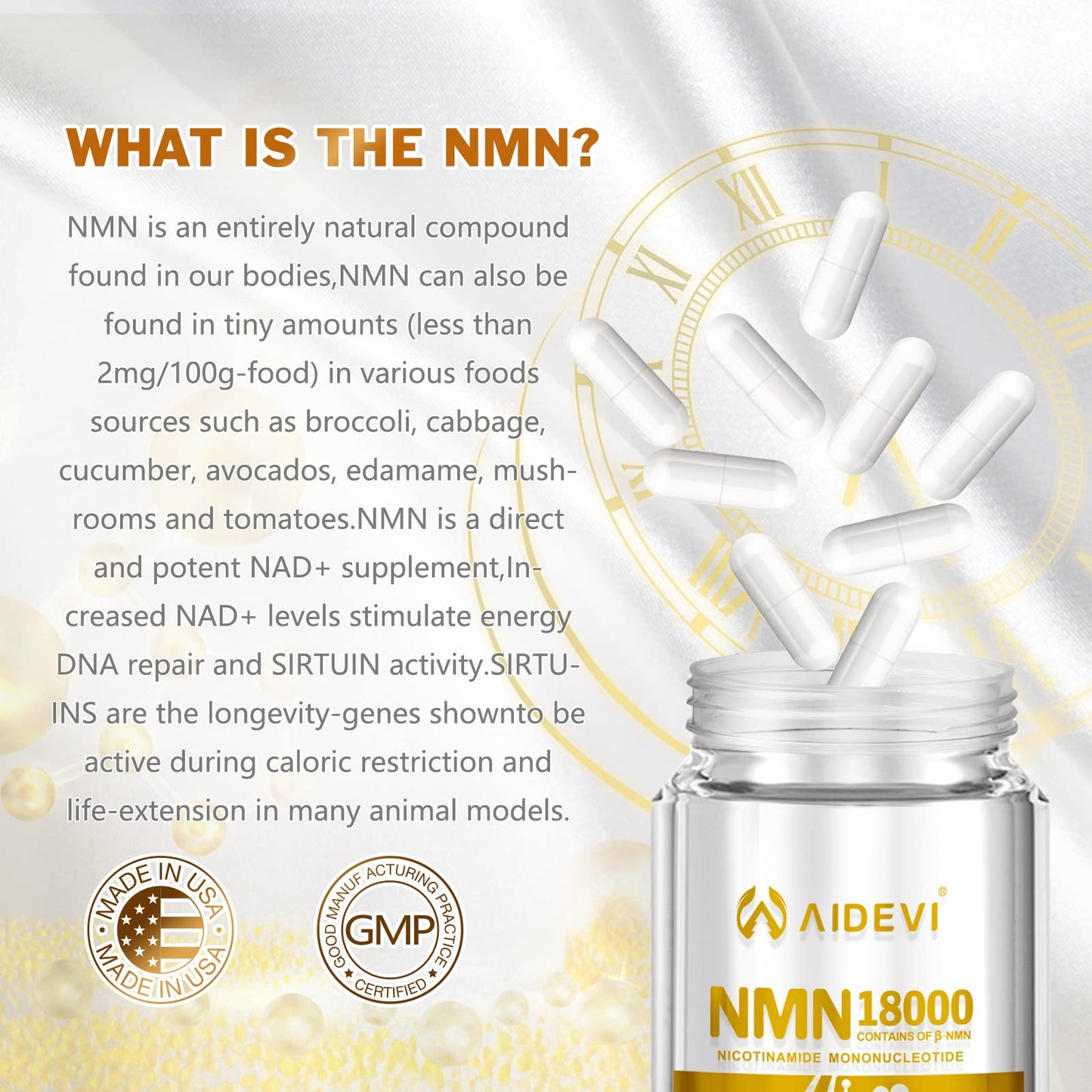 AIDEVI NMN 18000 - NMN Nicotinamide Mononucleotide Supplement with Resveratrol, Stabilized Form & 99% High Purity to Boost NAD+ Levels for DNA Repair Supplement,for Healthy Aging ,60 Capsules